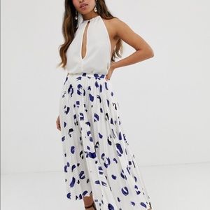 ASOS PETITE SATIN PLEATED MIDI SKIRT IN POLKA DOT